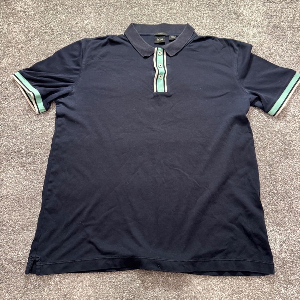 HUGO BOSS Polo Shirt Mens Large Blue Striped Cotton Slim Pique Designer Luxury